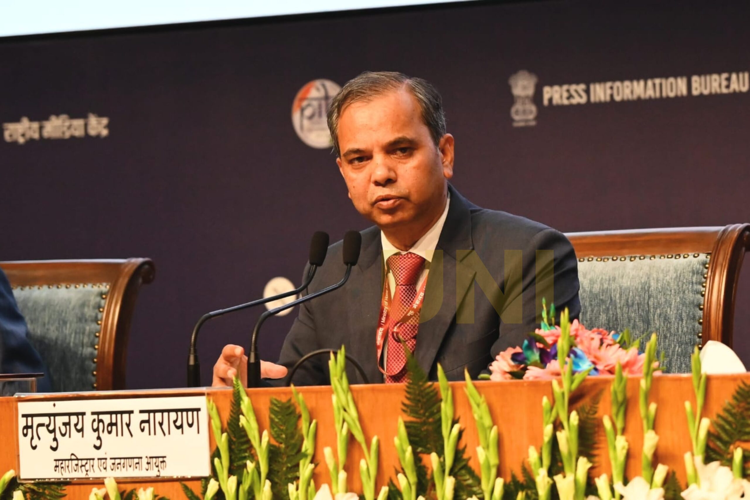 Mrityunjay Kumar Narayan, Registrar General and Census Commissioner of India, addresses the media on Census 2027 at the National Media Centre in Delhi.